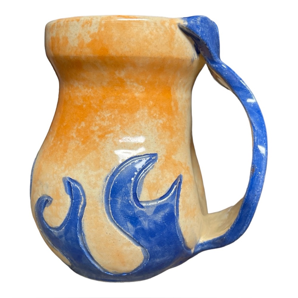 Rowe Pottery Artisan Mug Pitcher Jug John Tiller Artist Signed Orange Blue Flame